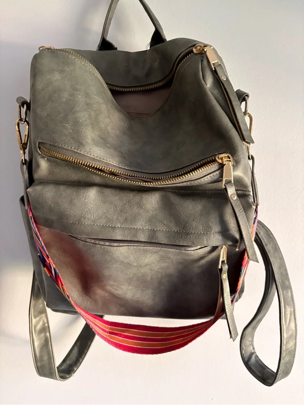 Gray Faux Leather Convertible Backpack/Crossbody with Boho Strap
